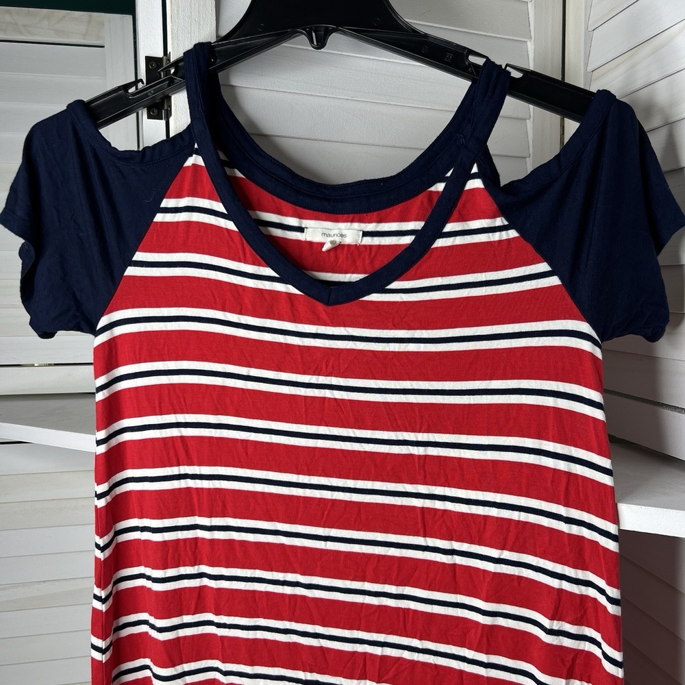 Maurices Cold Shoulder Red White Blue Striped‎ Tee Shirt Dress Women's Small